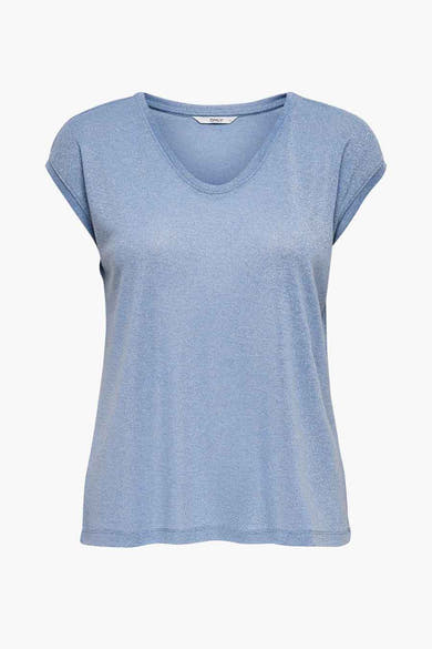 Blauw T-shirt met korte mouwen van ONLY, met een V-hals en een glanzende textuur.