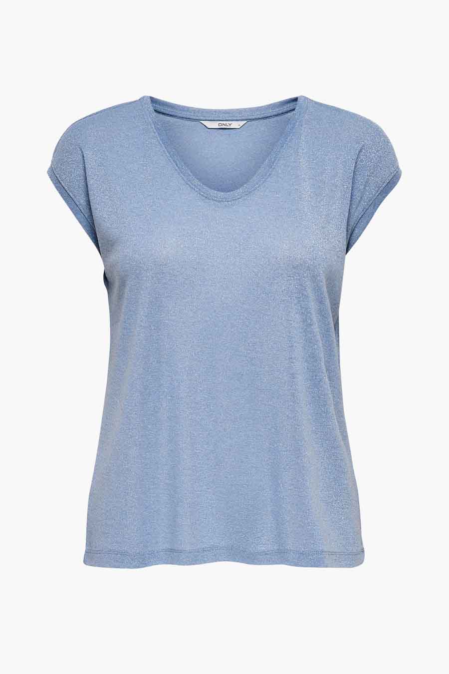 Blauw T-shirt met korte mouwen van ONLY, met een V-hals en een glanzende textuur.