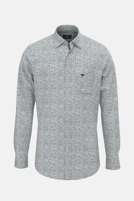 Groen overhemd met lange mouwen van FYNCH-HATTON, met marineblauwe gespikkelde print en geborduurd logo op de borstzak.