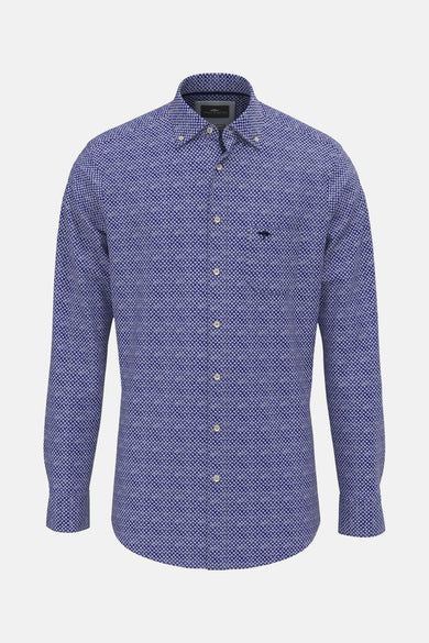 Blauwe blouse met lange mouwen van FYNCH-HATTON met stippenpatroon en geborduurd logo.