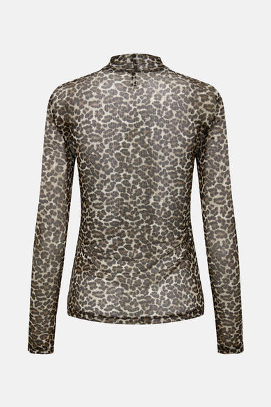 Pull col montant brun de ONLY, imprimé léopard, manches longues et en maille transparente.
