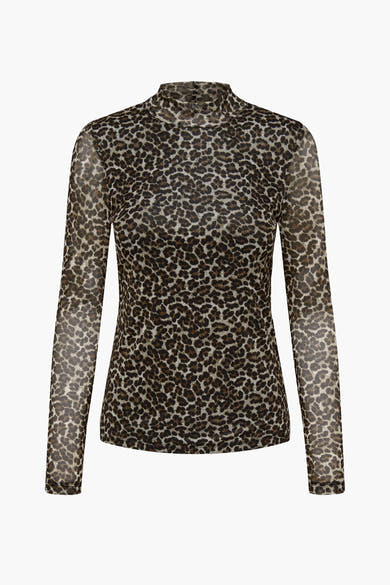 Pull col montant brun de ONLY®, à motif léopard sur une texture transparente.