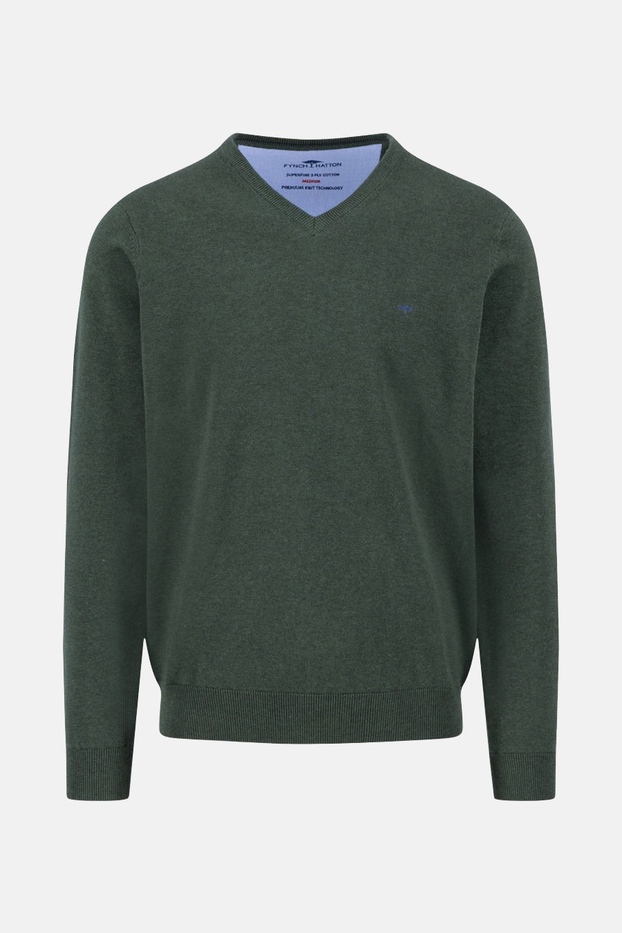 Groene V-hals trui van FYNCH-HATTON, in fijne brei, met een klein geborduurd logo.
