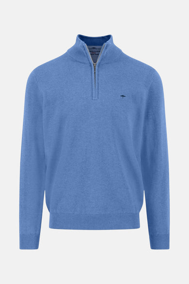 Blauwe trui met ronde hals van FYNCH-HATTON, met een korte ritssluiting en een klein discreet logo.