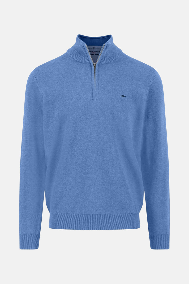 Blauwe trui met ronde hals van FYNCH-HATTON, met een korte ritssluiting en een klein discreet logo.
