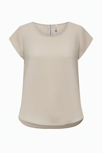 Blouse beige à manches courtes par ONLY, avec une texture gaufrée et une fermeture éclair discrète à l'arrière.
