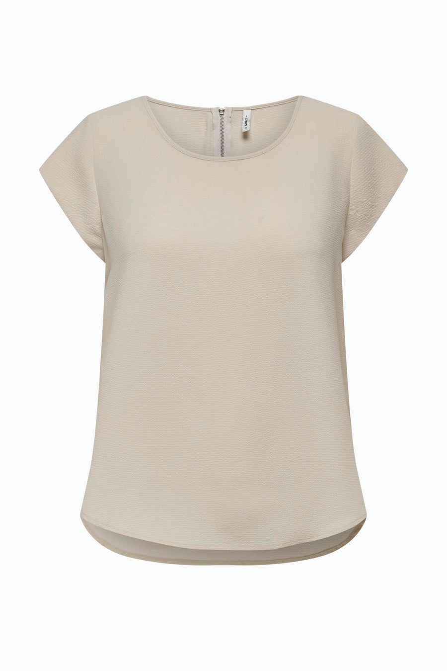 Blouse beige à manches courtes par ONLY, avec une texture gaufrée et une fermeture éclair discrète à l'arrière.
