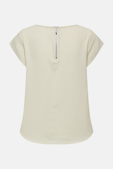 Blouse beige à manches courtes par ONLY®, avec une fermeture éclair argentée au dos et une texture subtile.