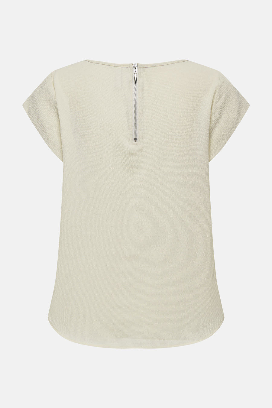 Blouse beige à manches courtes par ONLY®, avec une fermeture éclair argentée au dos et une texture subtile.