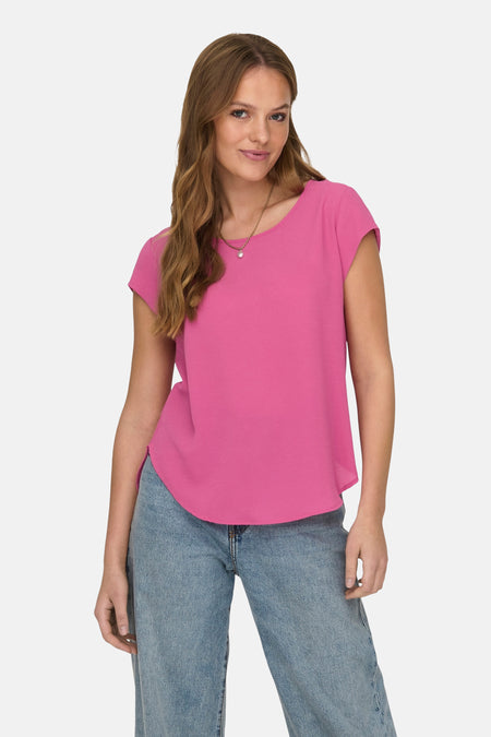 Roze blouse met korte mouwen van ONLY, met een subtiele textuur en een onopvallende ritssluiting aan de achterkant.