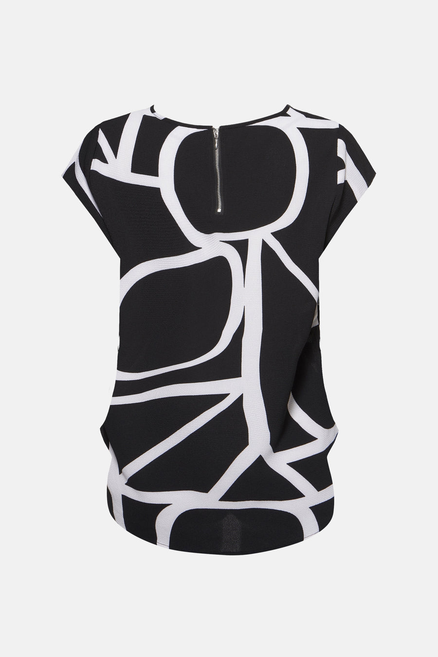 Blouse noire à manches courtes de ONLY, à motif géométrique blanc et fermeture éclair au dos.