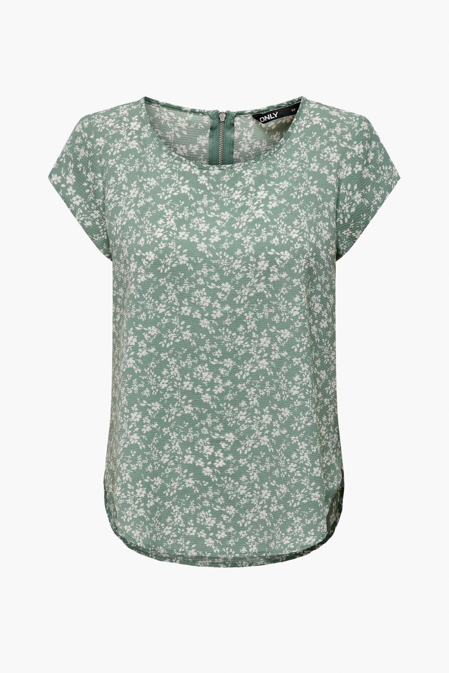 Blouse fleurie verte et blanche à manches courtes de ONLY, avec fermeture éclair au dos.
