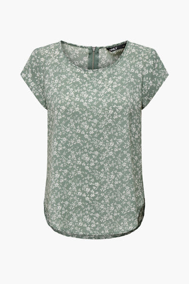 Blouse à manches courtes imprimée, de ONLY, avec motif floral blanc sur fond vert clair et fermeture éclair au dos.
