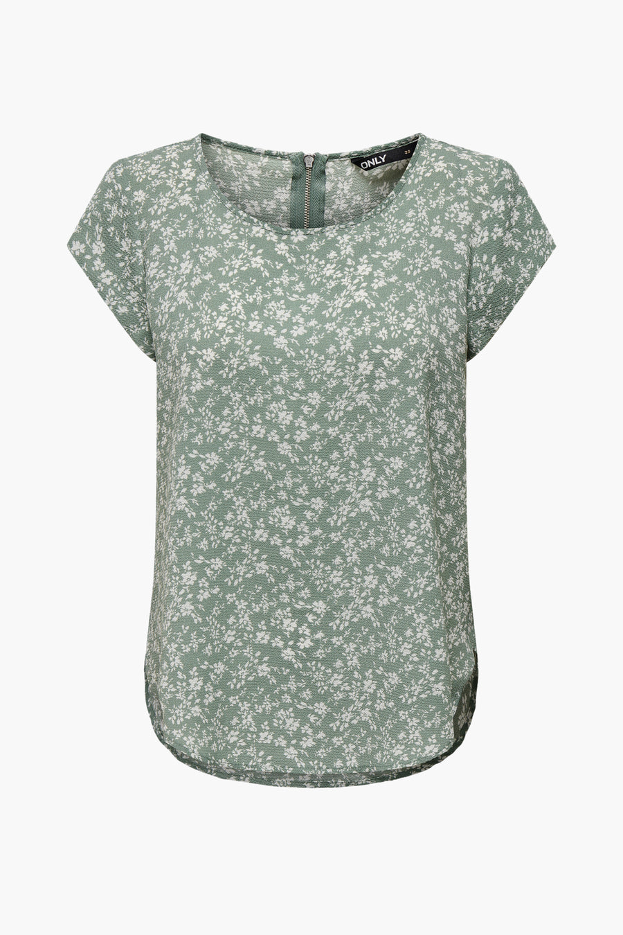 Blouse à manches courtes imprimée, de ONLY, avec motif floral blanc sur fond vert clair et fermeture éclair au dos.
