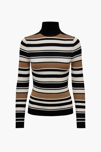 Pull à col roulé noir ONLY® avec rayures horizontales blanches et marron.
