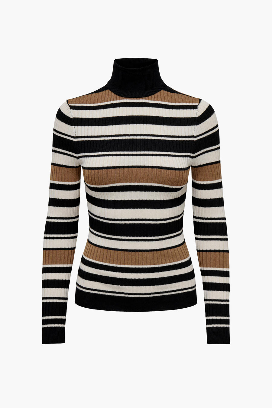 Pull à col roulé noir ONLY® avec rayures horizontales blanches et marron.
