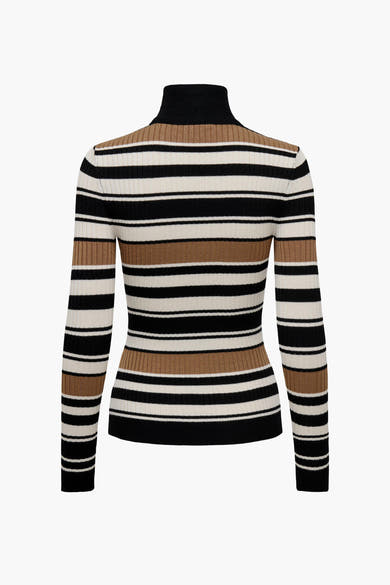 Pull col montant noir rayé de ONLY, à rayures marron et crème, en maille côtelée.