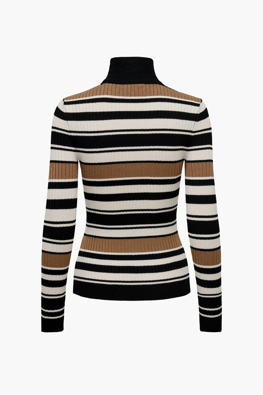 Pull col montant noir rayé de ONLY, à rayures marron et crème, en maille côtelée.