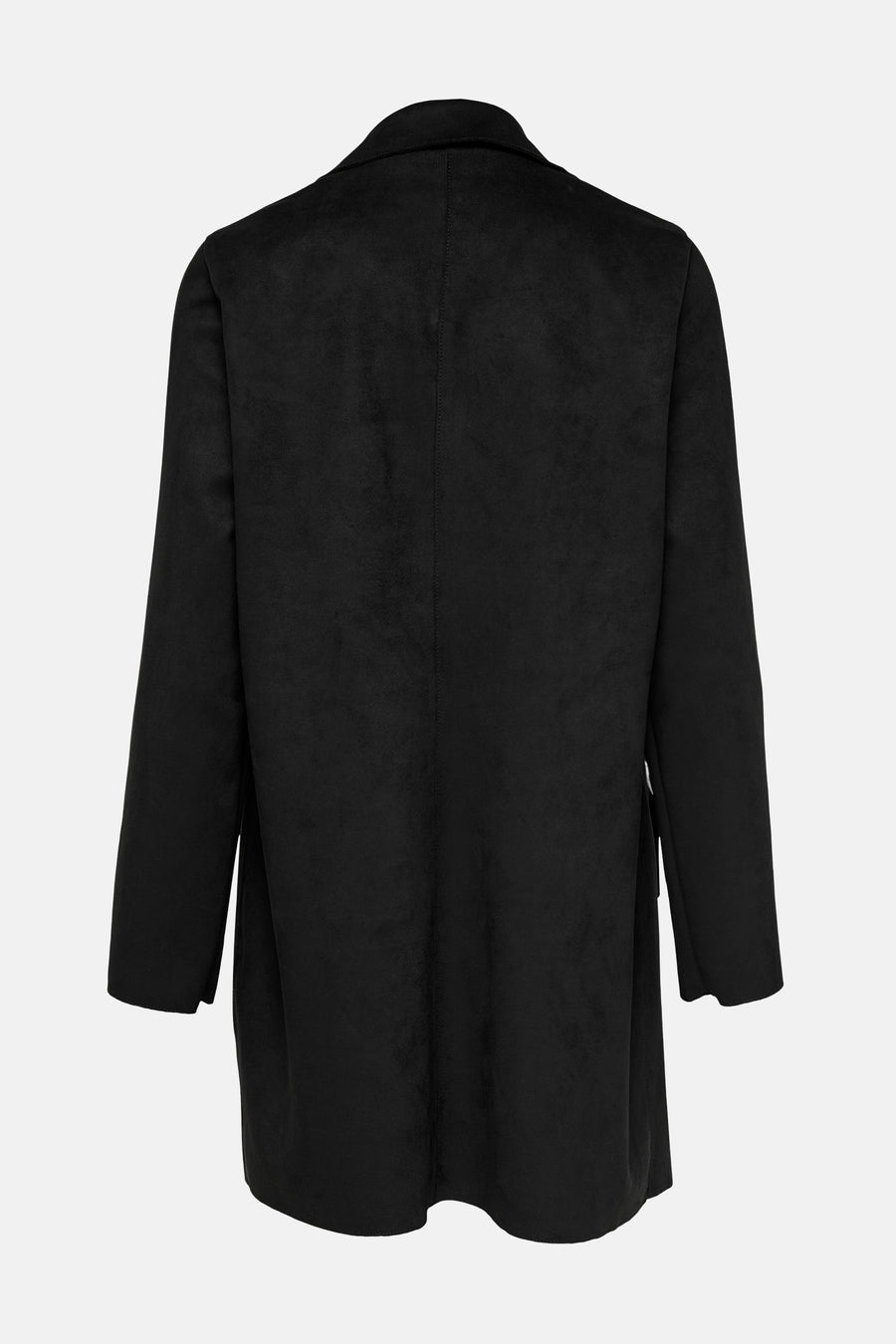 Veste longue noire de ONLY, avec une texture douce en suédine, vue de dos.