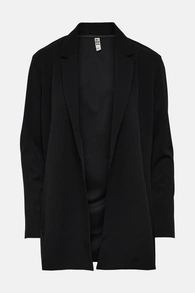 Zwarte blazer van JDY, rechte pasvorm en open aan de voorkant op een witte achtergrond.