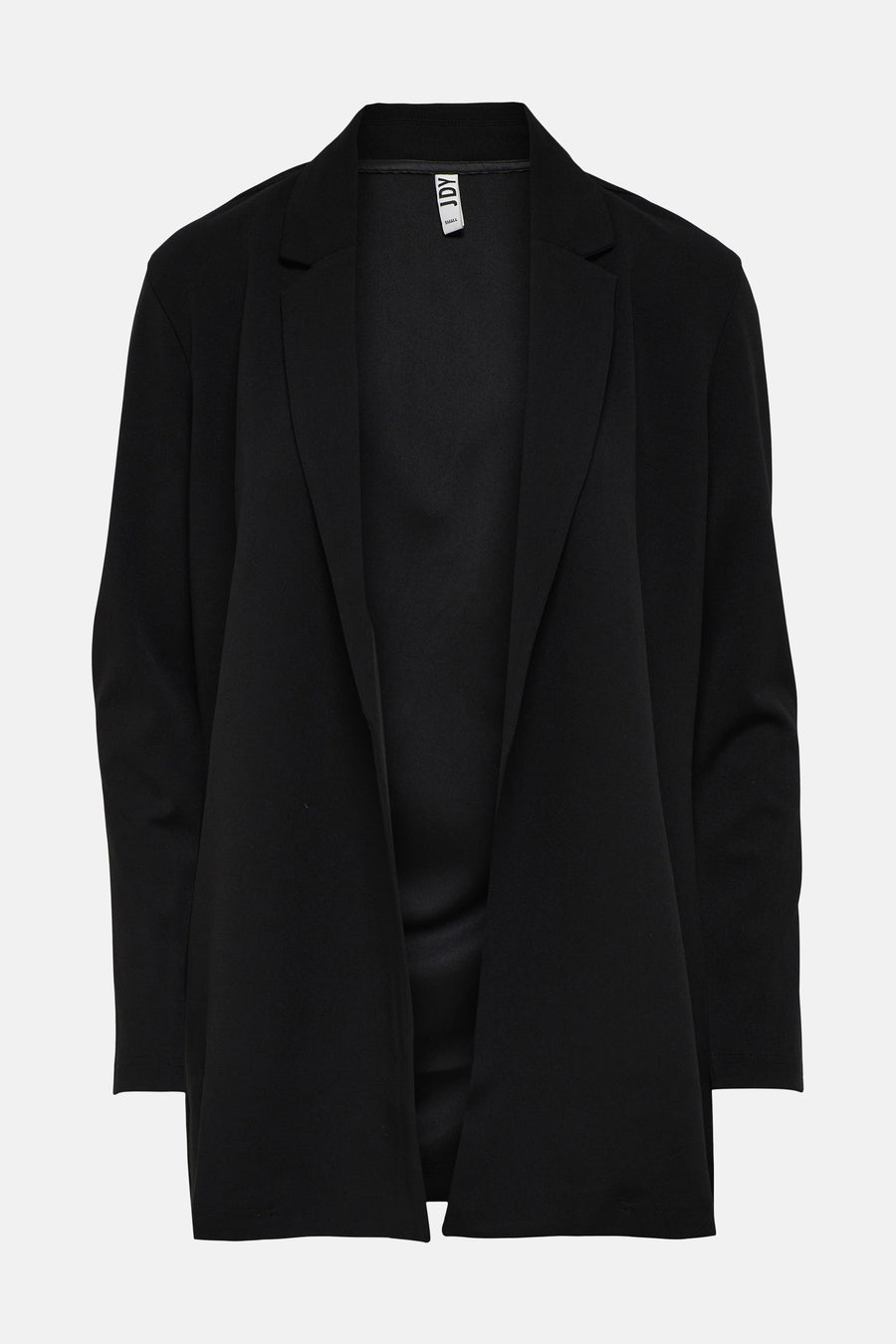 Zwarte blazer van JDY, rechte pasvorm en open aan de voorkant op een witte achtergrond.
