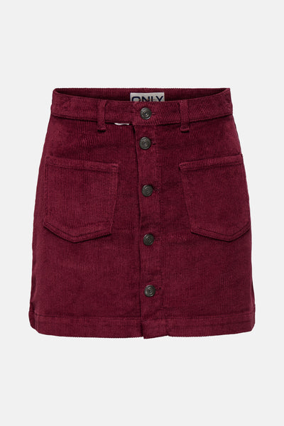 Korte bordeauxrode corduroy rok van ONLY, met opgestikte zakken en knoopsluiting aan de voorkant.