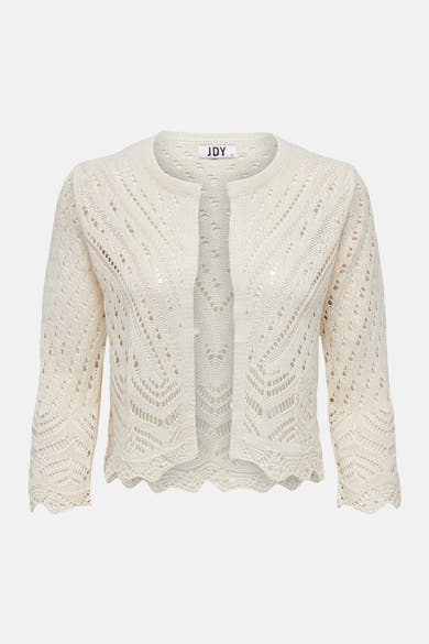 Beige vest van JDY, openvallend, met chevron-patroon en geschulpte zoom, 3/4 mouwen.