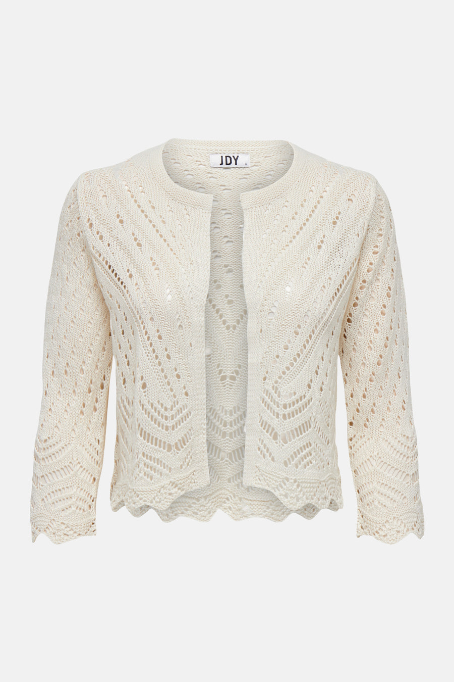 Beige vest van JDY, openvallend, met chevron-patroon en geschulpte zoom, 3/4 mouwen.