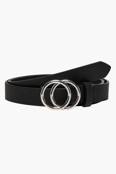 Ceinture noire de ONLY, à double boucle argentée entrelacée.
