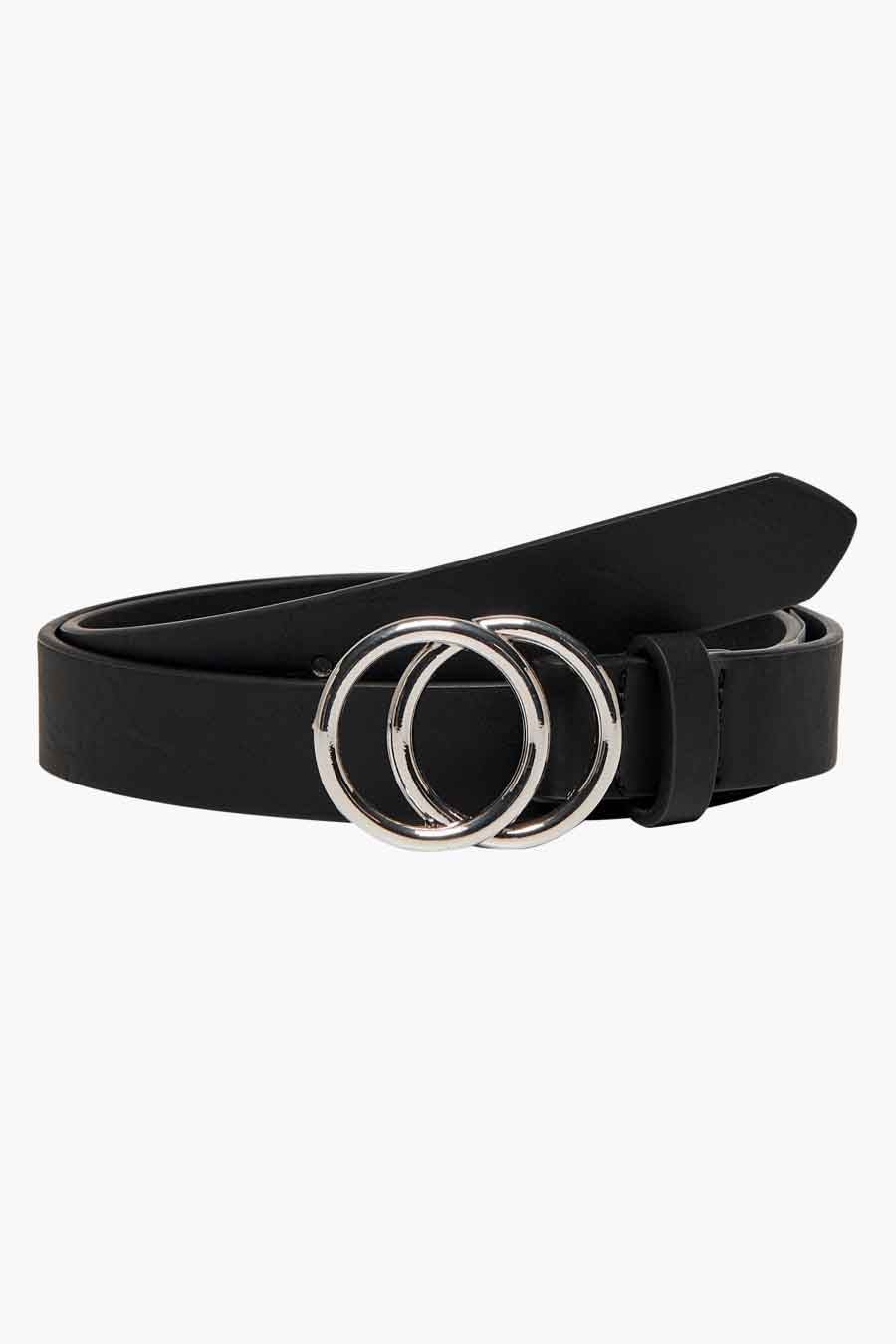 Ceinture noire de ONLY, à double boucle argentée entrelacée.
