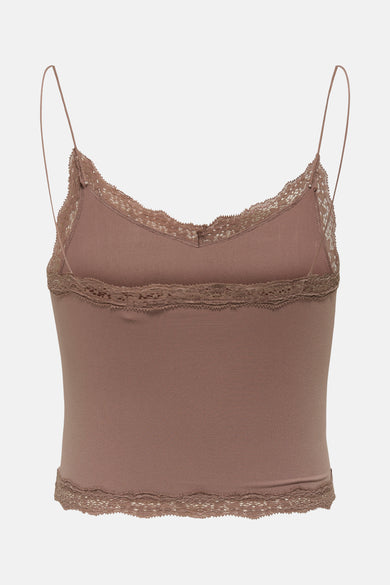 Soutien-gorge brun de ONLY®, bordure en dentelle, fines bretelles, vue de dos.

