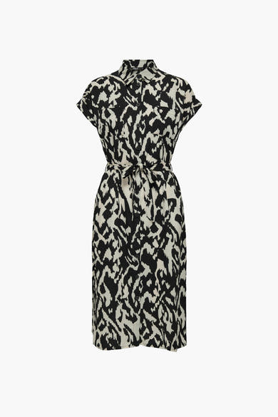 Multikleuren jurk met korte mouwen van ONLY, met strikceintuur en zwart-wit abstract patroon.