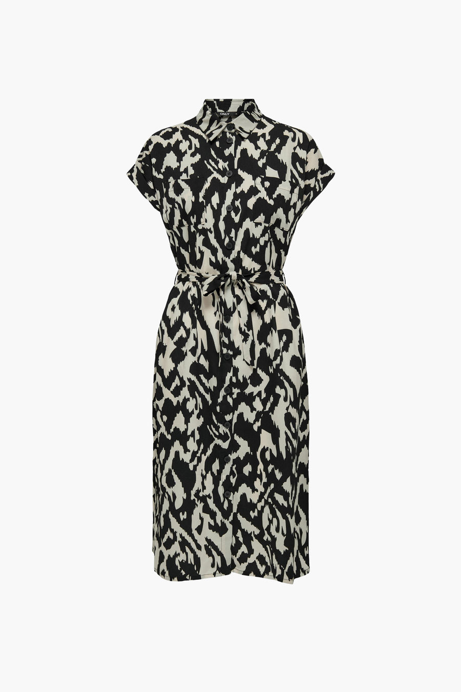 Multikleuren jurk met korte mouwen van ONLY, met strikceintuur en zwart-wit abstract patroon.