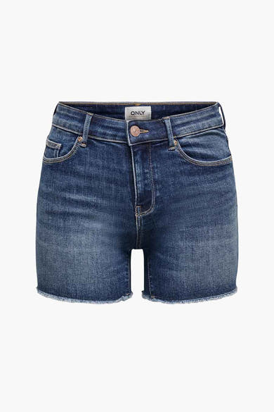 Short en jean bleu délavé de ONLY, avec ourlet effiloché et détails de couture.