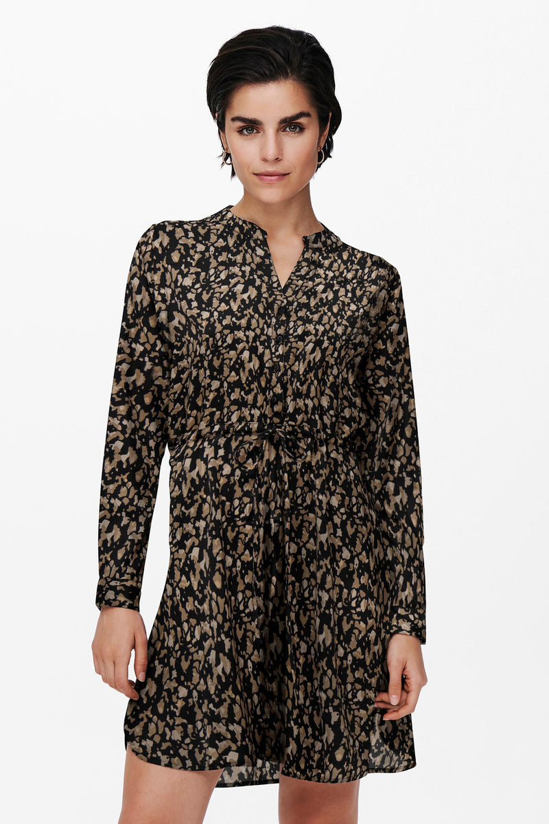 Black and beige patterned midi dress with long sleeves, front buttons, and tie waist, shown on model in front view.