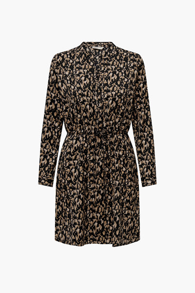 Black and beige abstract patterned midi dress by ONLY, featuring long sleeves, front buttons, and a tie waist, shown in front view.