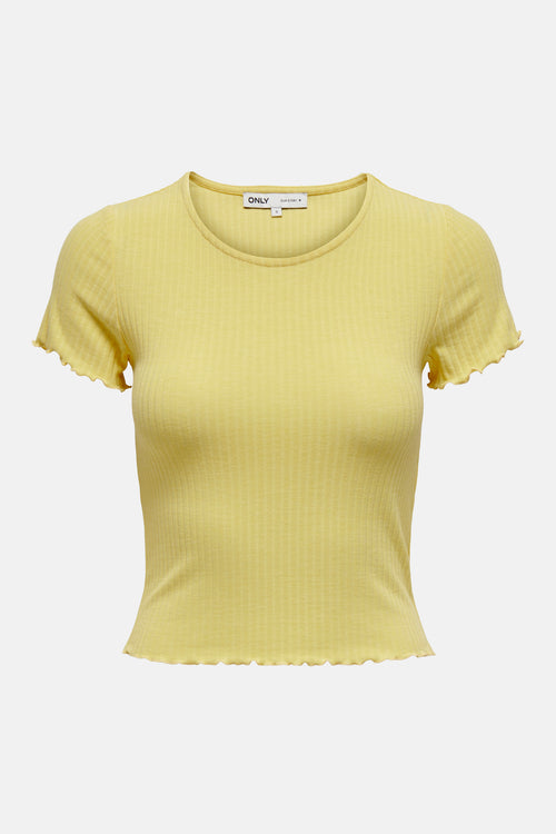 T-shirt jaune à manches courtes de ONLY, en maille côtelée avec ourlet ondulé.