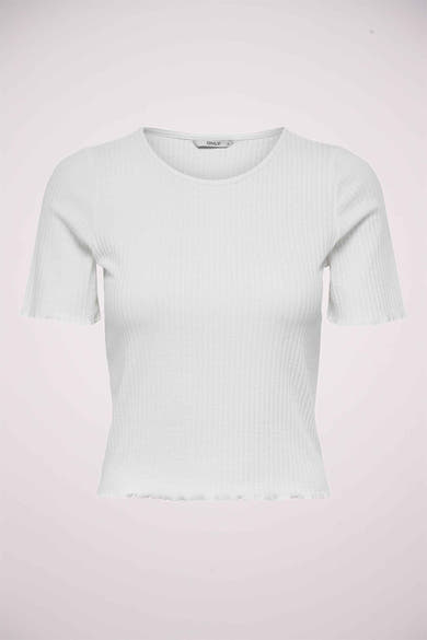 Top blanc uni à manches courtes de ONLY, en maille côtelée avec ourlet ondulé.
