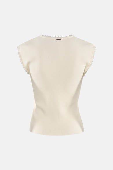 Beige T-shirt met korte mouwen van GOA GOA, achterkant, in geribbelde stof met parelranden en metalen label in de nek.