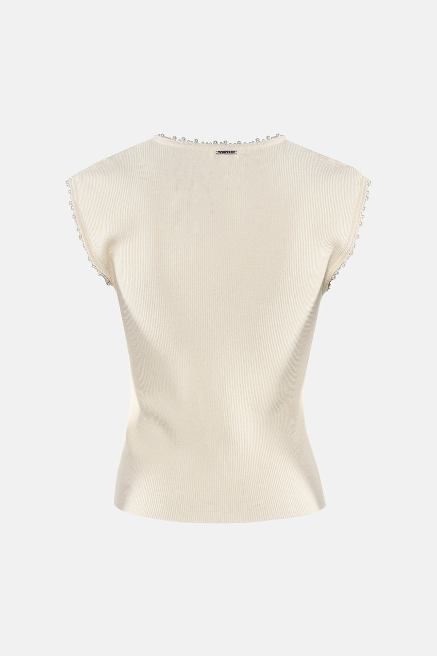 Beige T-shirt met korte mouwen van GOA GOA, achterkant, in geribbelde stof met parelranden en metalen label in de nek.