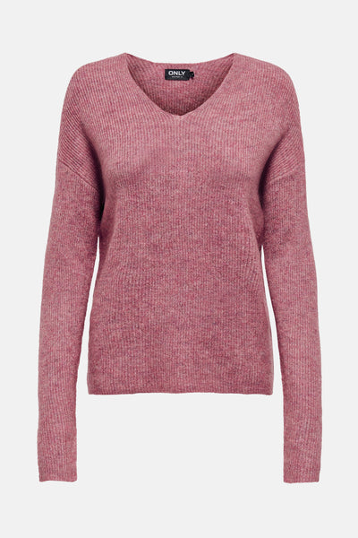 Roze V-hals trui van ONLY, in fijne ribgebreide stof