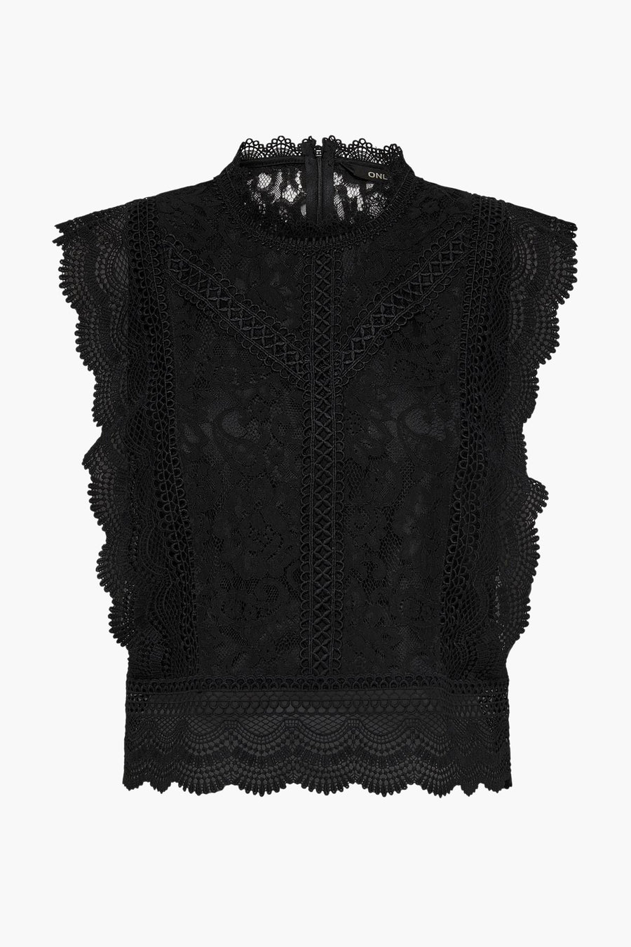 Blouse sans manches noire de ONLY, en dentelle délicate avec col montant et détails ajourés.

