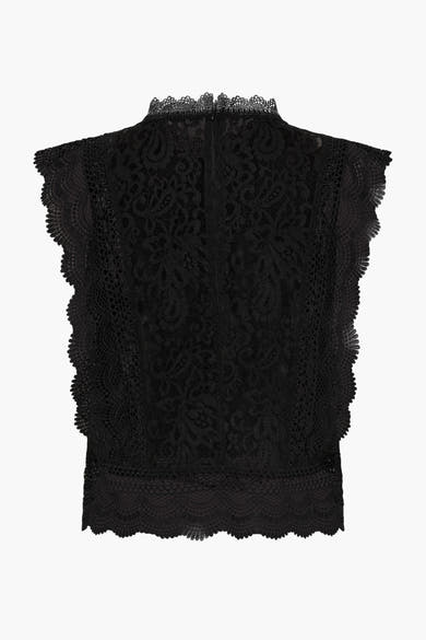 Blouse sans manches noire de ONLY®, en dentelle délicate avec col montant et bordure festonnée.