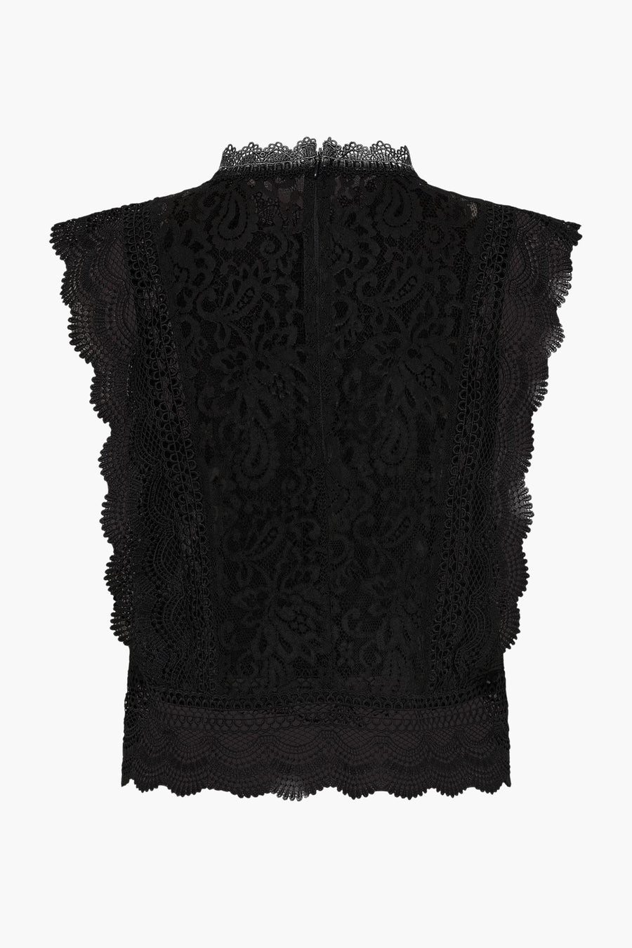 Blouse sans manches noire de ONLY®, en dentelle délicate avec col montant et bordure festonnée.