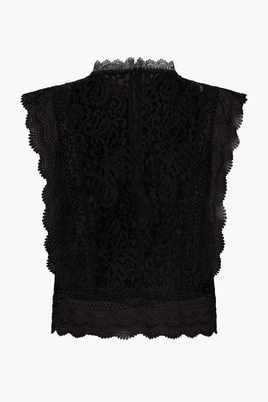 Blouse noire sans manches de ONLY, en dentelle florale délicate avec col montant festonné.
