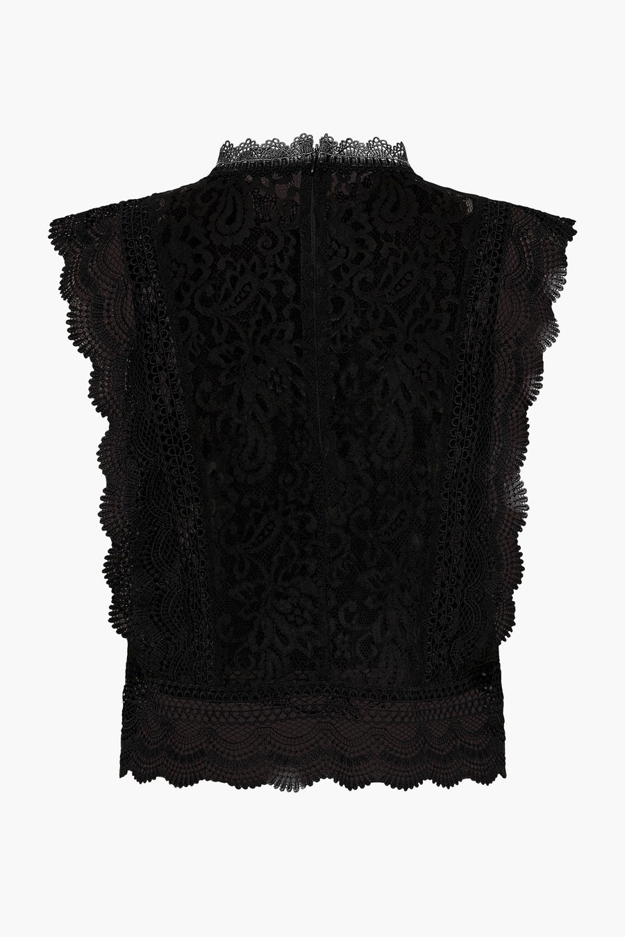 Blouse noire sans manches de ONLY, en dentelle florale délicate avec col montant festonné.
