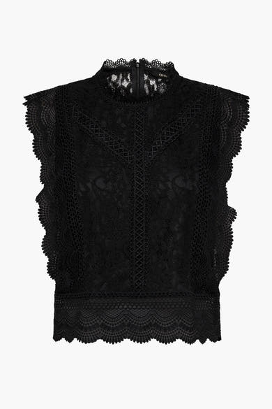 Blouse sans manches noire en dentelle de ONLY, avec col montant et fermeture éclair visible.
