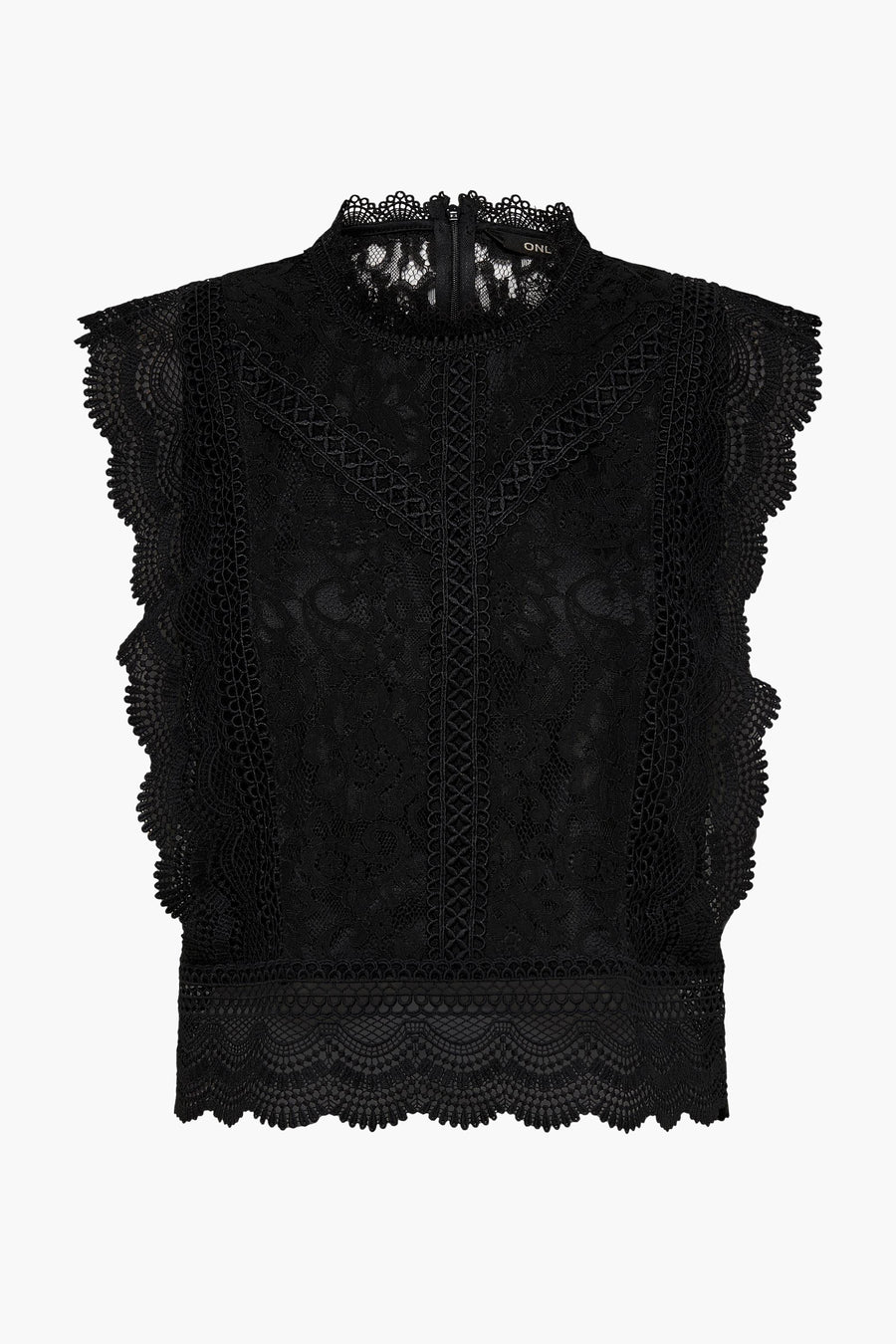 Blouse sans manches noire en dentelle de ONLY, avec col montant et fermeture éclair visible.
