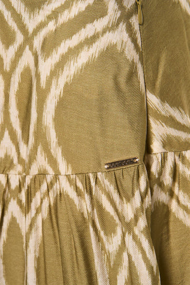 Olijfgroene rok van GOA GOA met ikat-print en gouden merkopdruk.