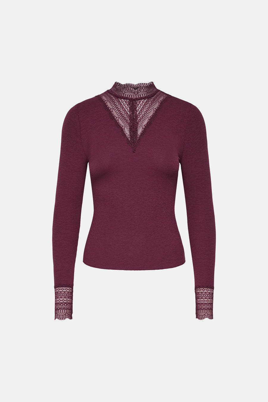 Fig long-sleeve ribbed top with lace V-neck and cuffs, front view